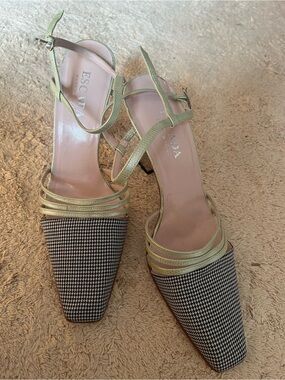 Escada Sage Green Strappy Houndstooth Pointed-Toe Heels